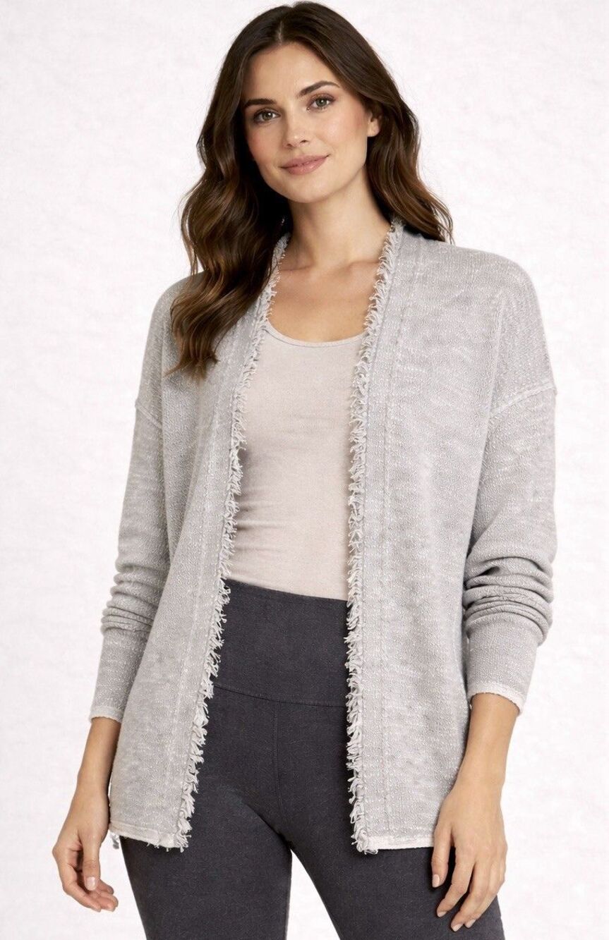 Free People Open Knit Cardigan Sweater Gray White Cotton Blend Sz Small S EUC